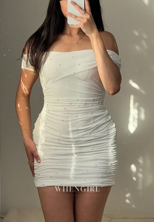 Beige Off Shoulder Pearls Beading Sheath Pleated Short Homecoming Dress