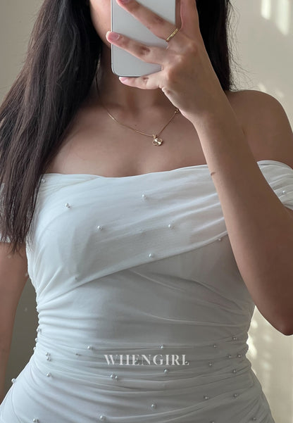 Beige Off Shoulder Pearls Beading Sheath Pleated Short Homecoming Dress
