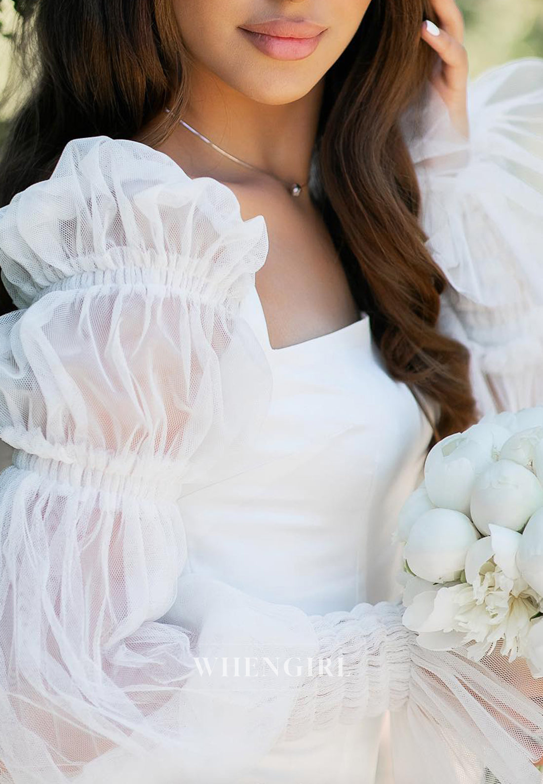 Column Square Neck Long Sleeves Sweep Train Wedding Dress