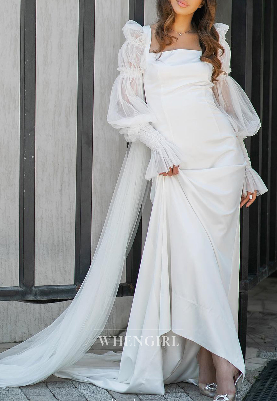 Column Square Neck Long Sleeves Sweep Train Wedding Dress