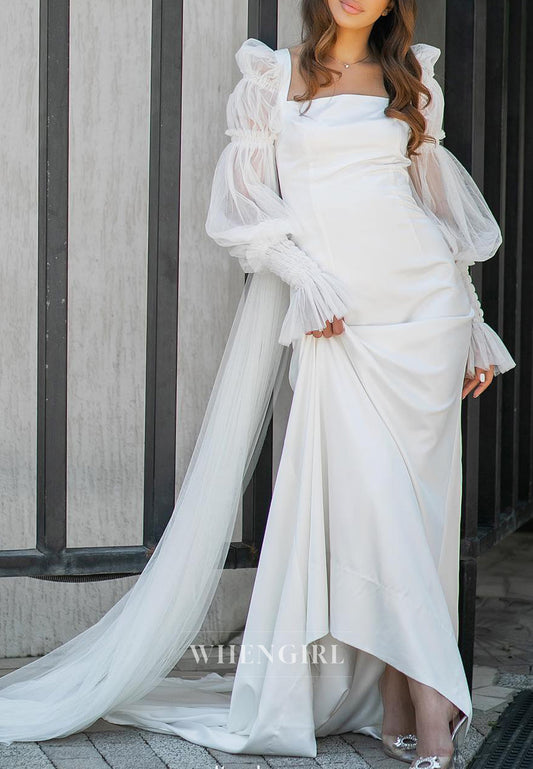 Column Square Neck Long Sleeves Sweep Train Wedding Dress