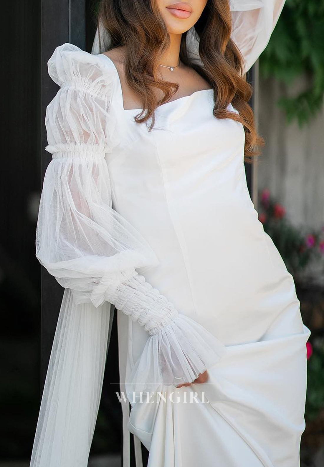 Column Square Neck Long Sleeves Sweep Train Wedding Dress