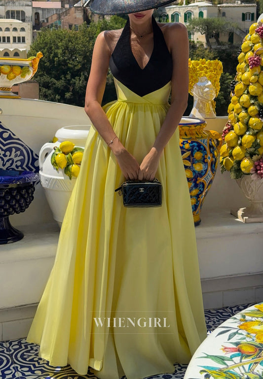 Black and Yellow Halter Sleeveless A-Line Floor Length Evening Formal Dress