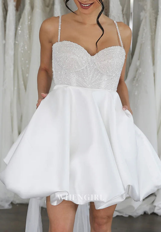 Beaded Sweetheart Straps Sleeveless A-Line Bubble Hem Short Wedding Dress