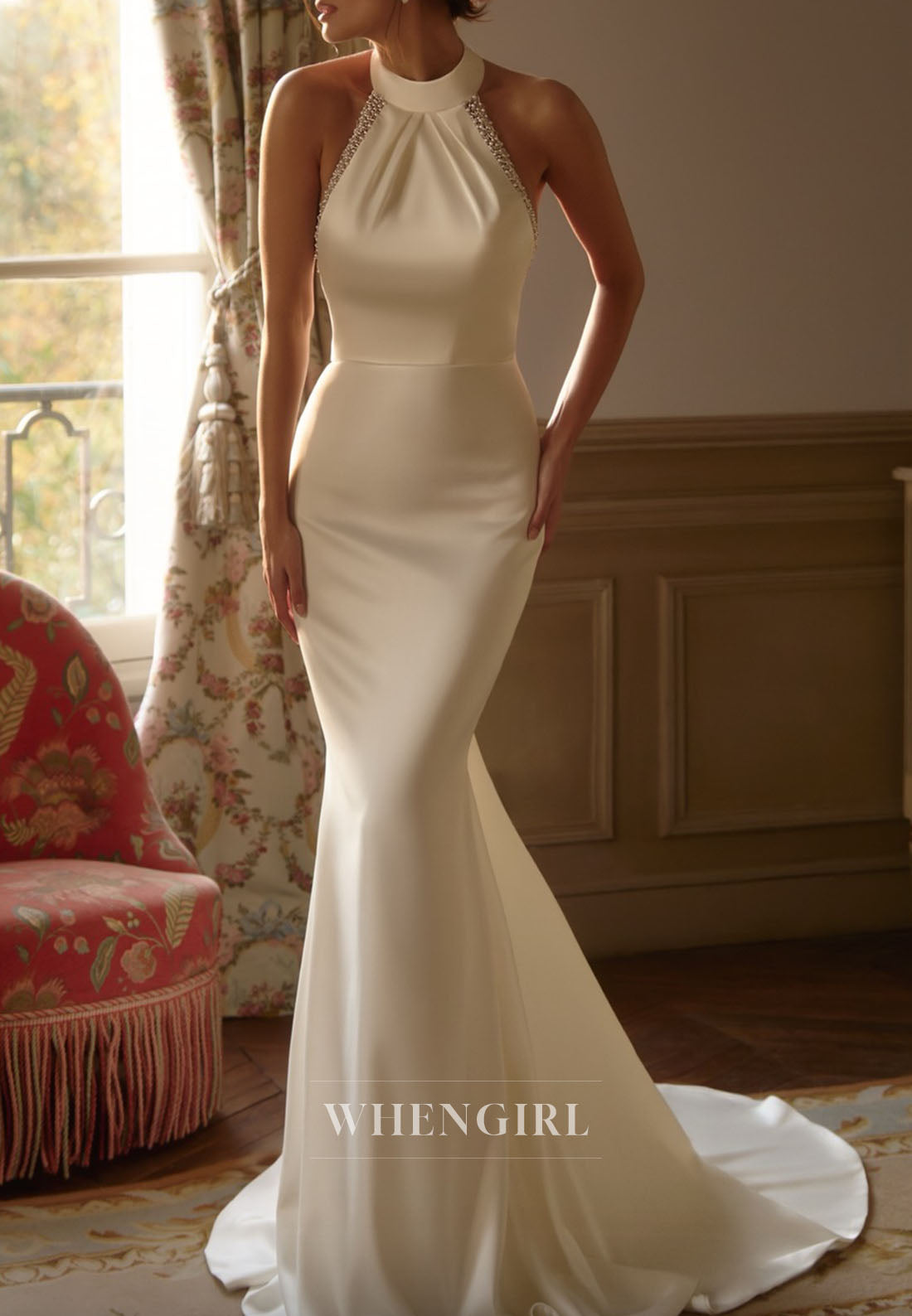 Halter Satin Backless Sweep Train Wedding Dress