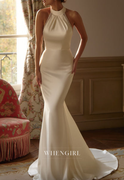 Halter Satin Backless Sweep Train Wedding Dress