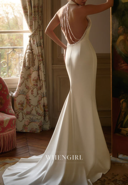 Halter Satin Backless Sweep Train Wedding Dress