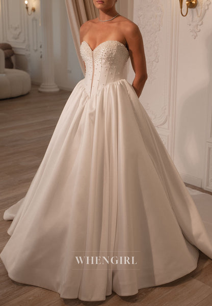 Ball Gown Sweetheart Pearls Beading Sleeveless Wedding Dress