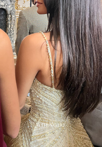 Gold Sweetheart Spaghetti Straps Beaded Back Zipper Prom Party Dress