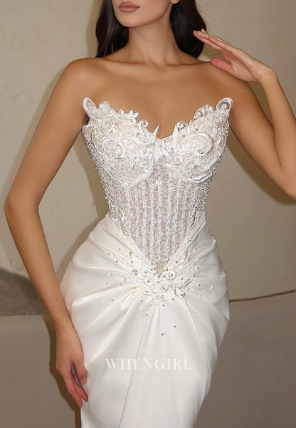 Embroidery Pleated Beading Strapless Mermaid Satin Wedding Dress