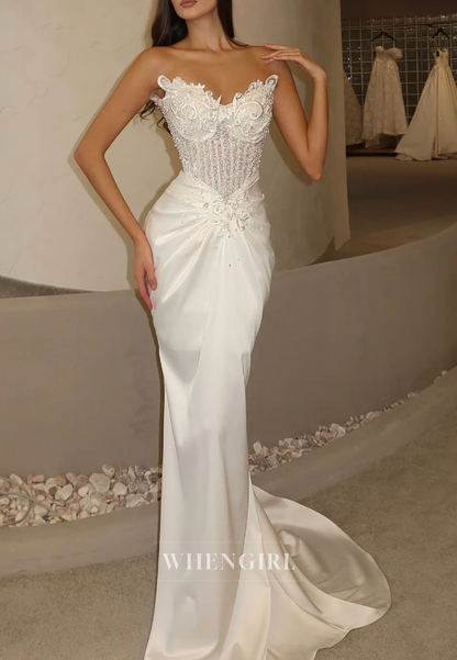 Embroidery Pleated Beading Strapless Mermaid Satin Wedding Dress