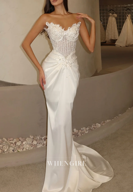 Embroidery Pleated Beading Strapless Mermaid Satin Wedding Dress