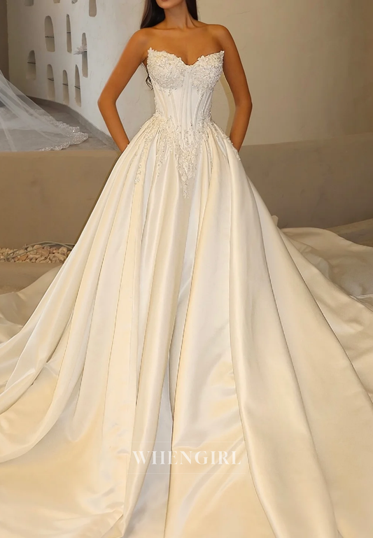 Chapel Train A-Line Strapless V Neck Satin Wedding Dress with Pearl and Appliques