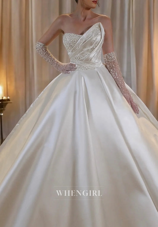 Asymmetrical Neck Pleated A-Line Pearls Satin Wedding Dress with Gloves