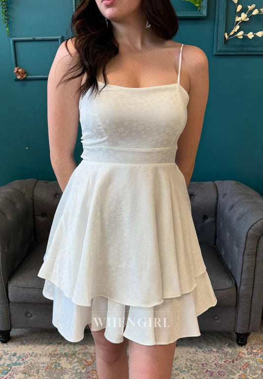 Ivory Bateau Neck Spaghetti Straps Sleeveless Ruffles Short Homecoming Dress
