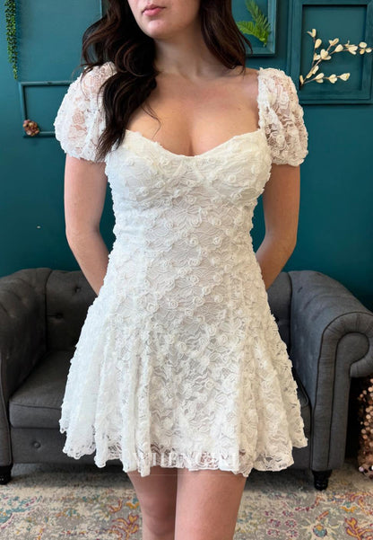Ivory V Neck Back Zipper Short Puff Sleeves Floral A-Line Short Homecoming Dress