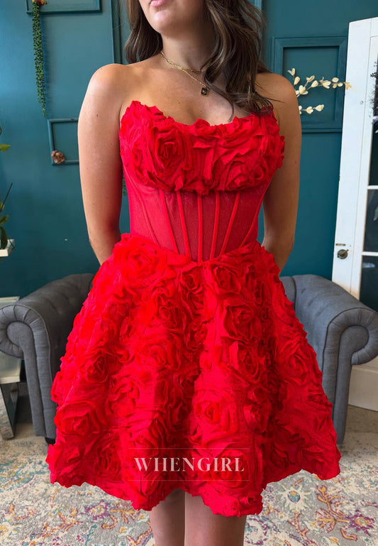 Red A-Line Strapless Sleeveless Floral Back Zipper Short Homecoming Dress