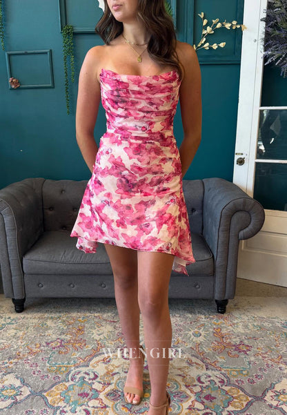 Sheath Printed Strapless Pleated Back Zipper Short Homecoming Dress