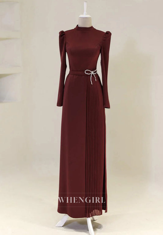 High Neck Long Sleeves Rhinestone Bowknot Pleated Sheath Long Formal Evening Dress