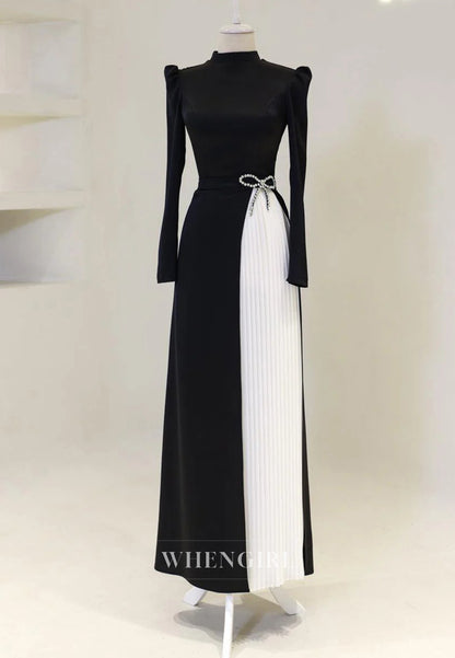 High Neck Long Sleeves Rhinestone Bowknot Pleated Sheath Long Formal Evening Dress