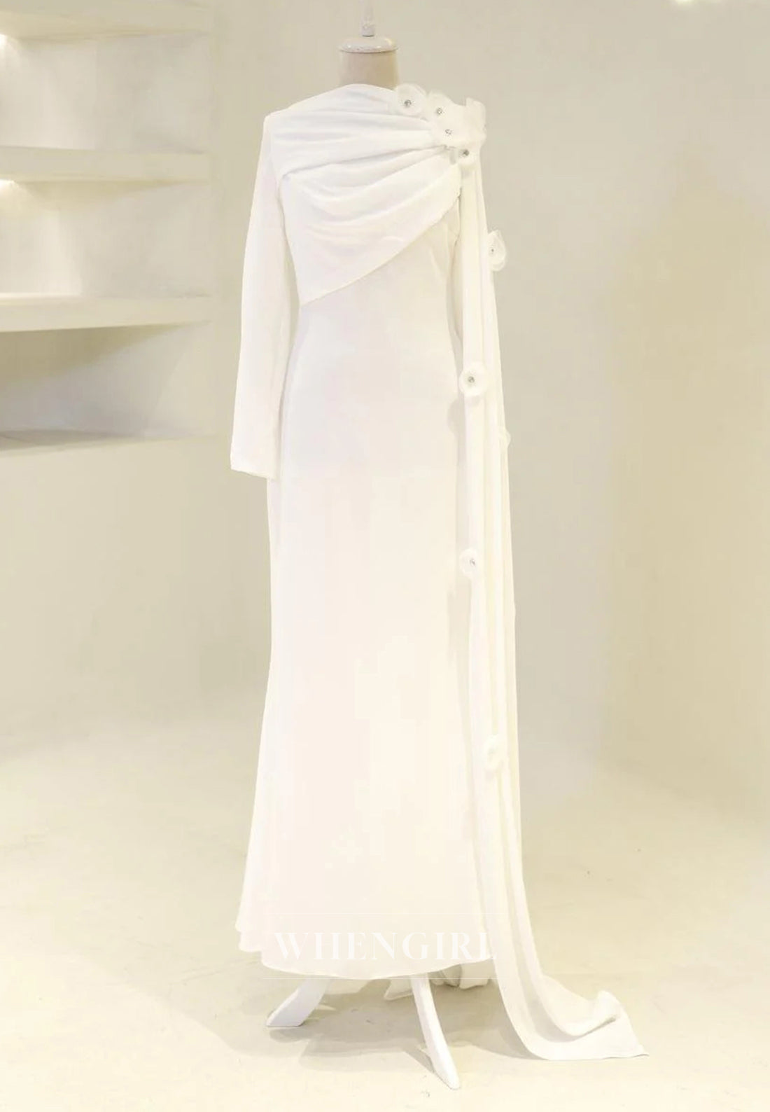Sheath Long Sleeves 3D Flowers Bateau Neck Side Train Back Zipper Long Formal Evening Gown