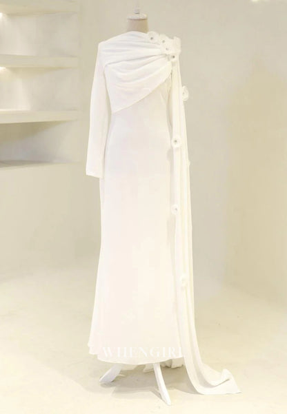 Sheath Long Sleeves 3D Flowers Bateau Neck Side Train Back Zipper Long Formal Evening Gown