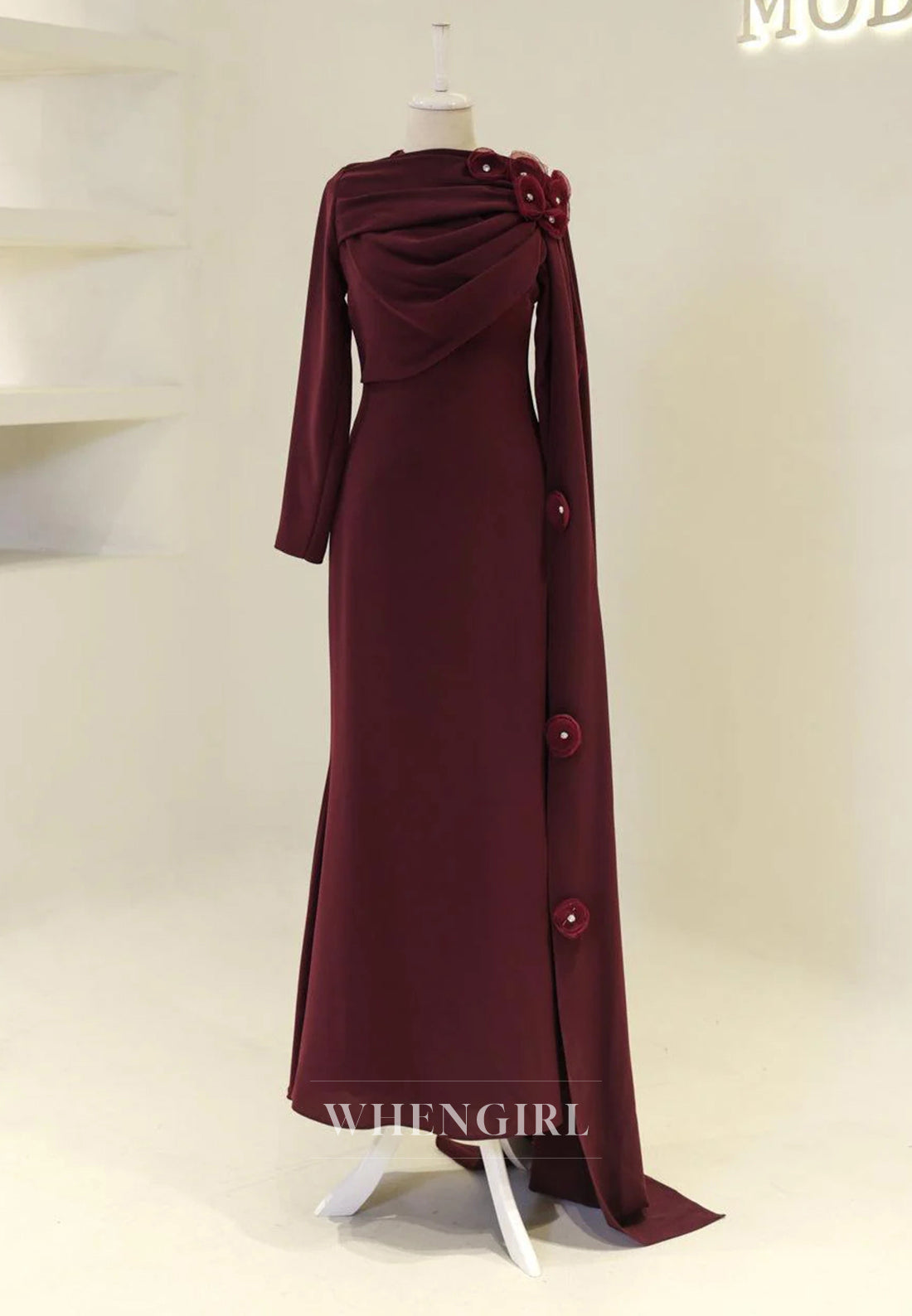 Sheath Long Sleeves 3D Flowers Bateau Neck Side Train Back Zipper Long Formal Evening Gown