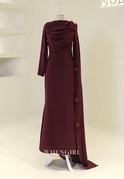 Sheath Long Sleeves 3D Flowers Bateau Neck Side Train Back Zipper Long Formal Evening Gown