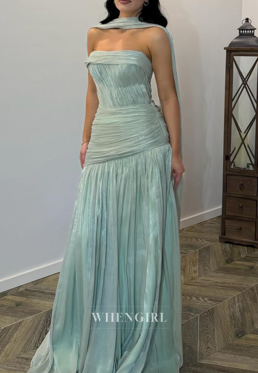 Aqua Tube Top Ruched Column Evening Dress with Scarf