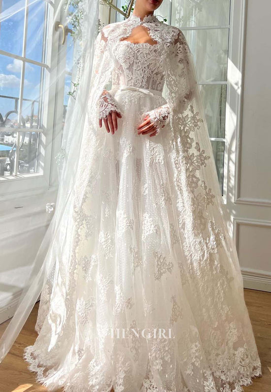 Asymmetrical Neck Long Sleeves A-Line Long Appliqued Lace Wedding Dress with Cape