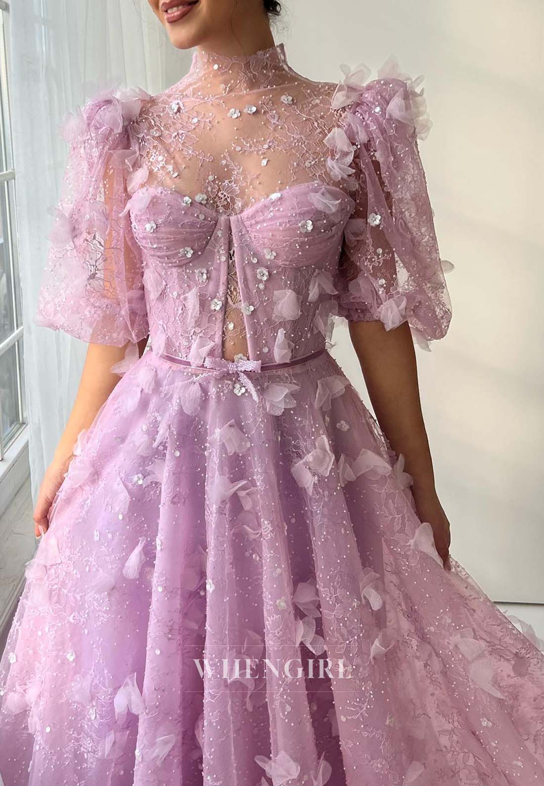 Dreamy Lilac High Neck Short Puff Sleeves Evening Dress Floral Beaded A-Line Formal Gown