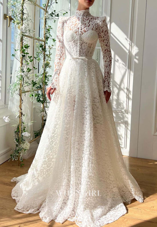 A-Line High Neck Long Sleeves Bowknot Appliqued Lace Long Wedding Dress