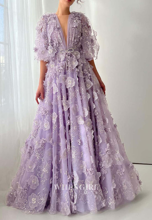 Lilac V Neck Appliqued A-Line Formal Dress Long Sleeves Floor Length Evening Dress