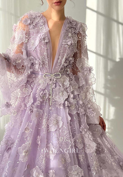 Lilac V Neck Appliqued A-Line Formal Dress Long Sleeves Floor Length Evening Dress