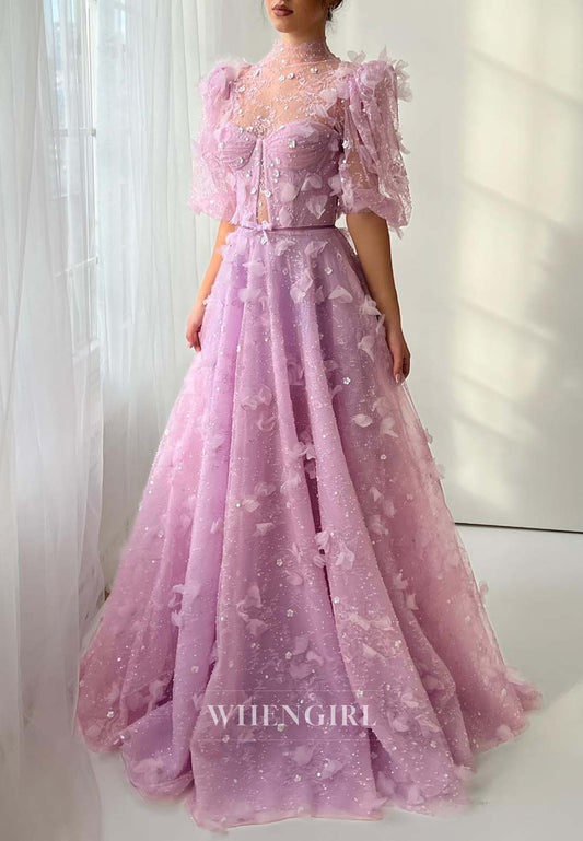 Dreamy Lilac High Neck Short Puff Sleeves Evening Dress Floral Beaded A-Line Formal Gown