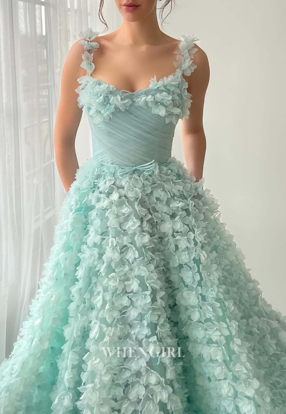 Turquoise V Neck Pleated Sleeveless A-Line Formal Dress Floral Long Evening Dress