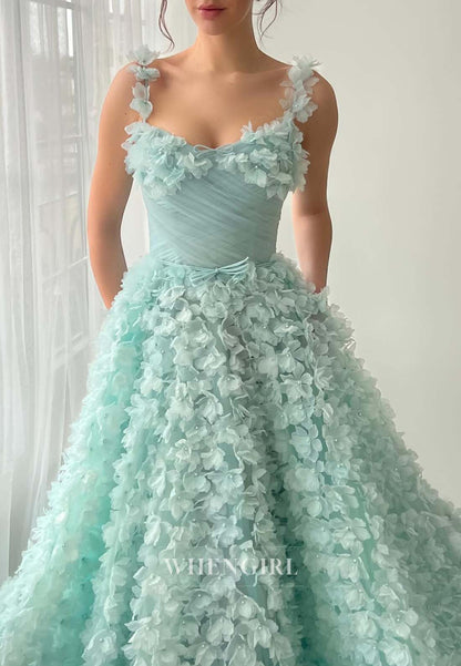 Turquoise V Neck Pleated Sleeveless A-Line Formal Dress Floral Long Evening Dress