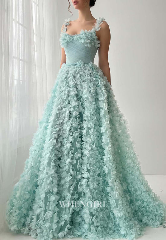 Turquoise V Neck Pleated Sleeveless A-Line Formal Dress Floral Long Evening Dress