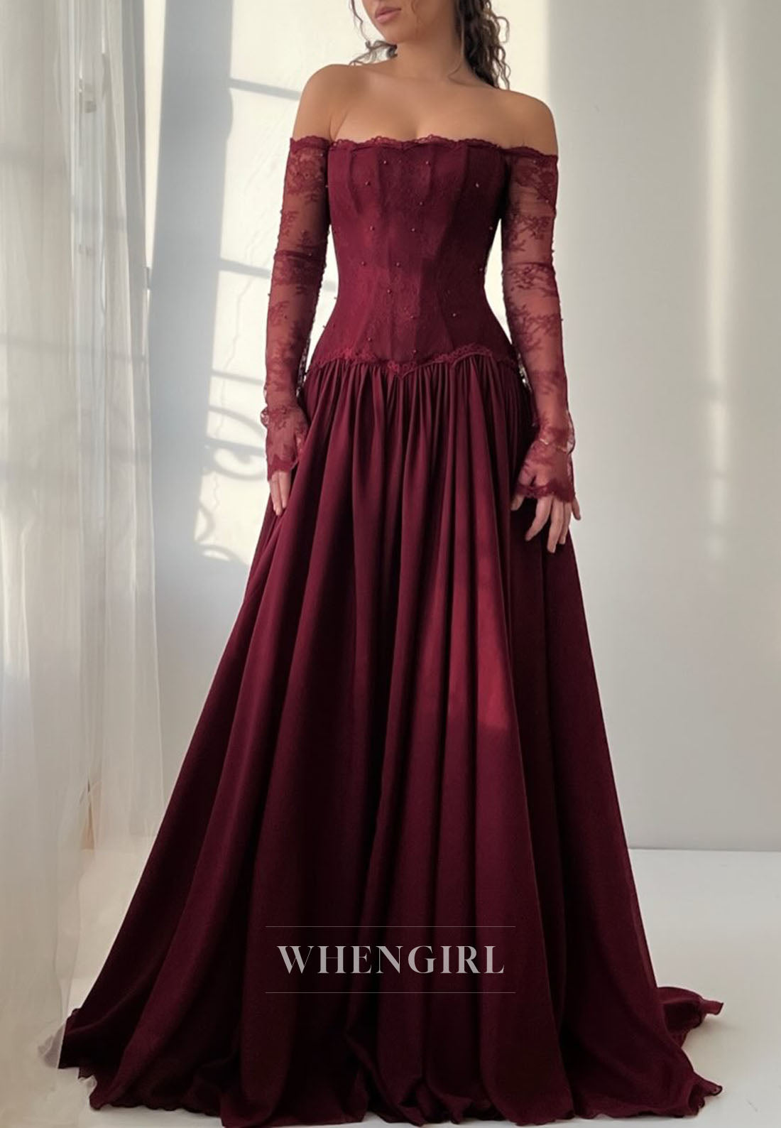Burgundy A-Line Off Shoulder Long Sleeves Evening Formal Dress