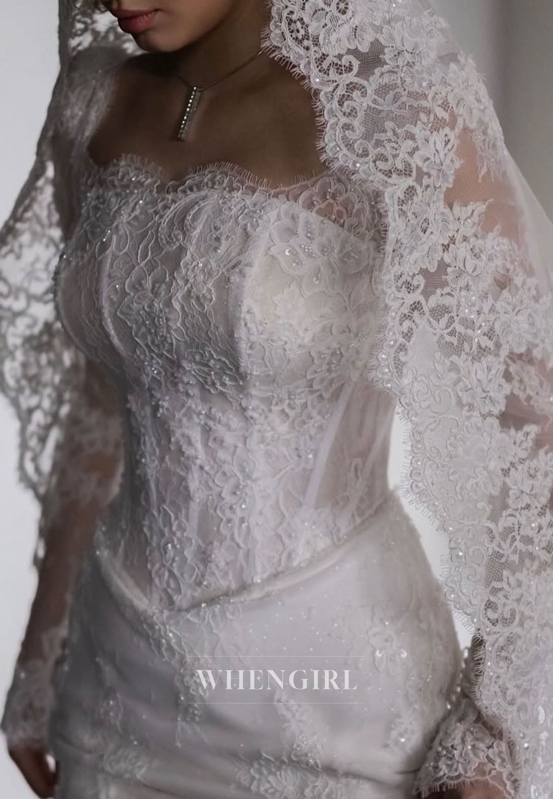 Mermaid Long Sleeves Embroidery Lace Off Shoulder Wedding Dress