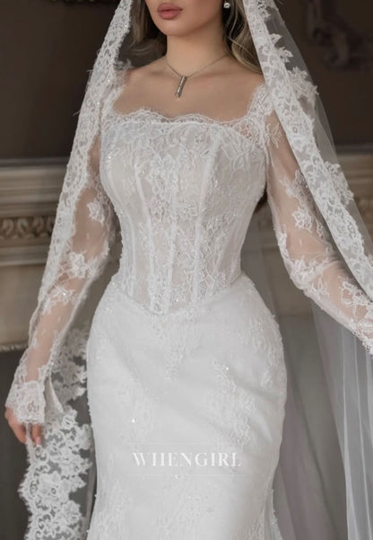 Mermaid Long Sleeves Embroidery Lace Off Shoulder Wedding Dress