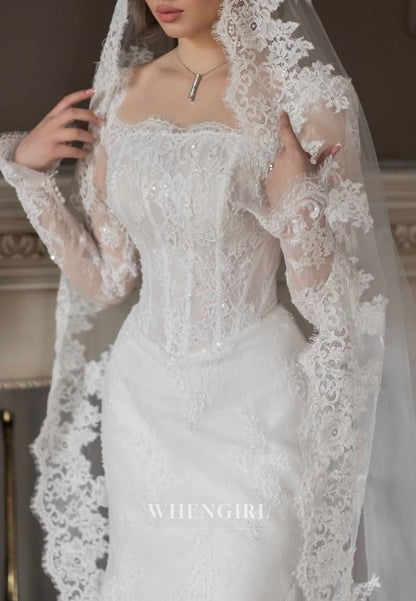 Mermaid Long Sleeves Embroidery Lace Off Shoulder Wedding Dress