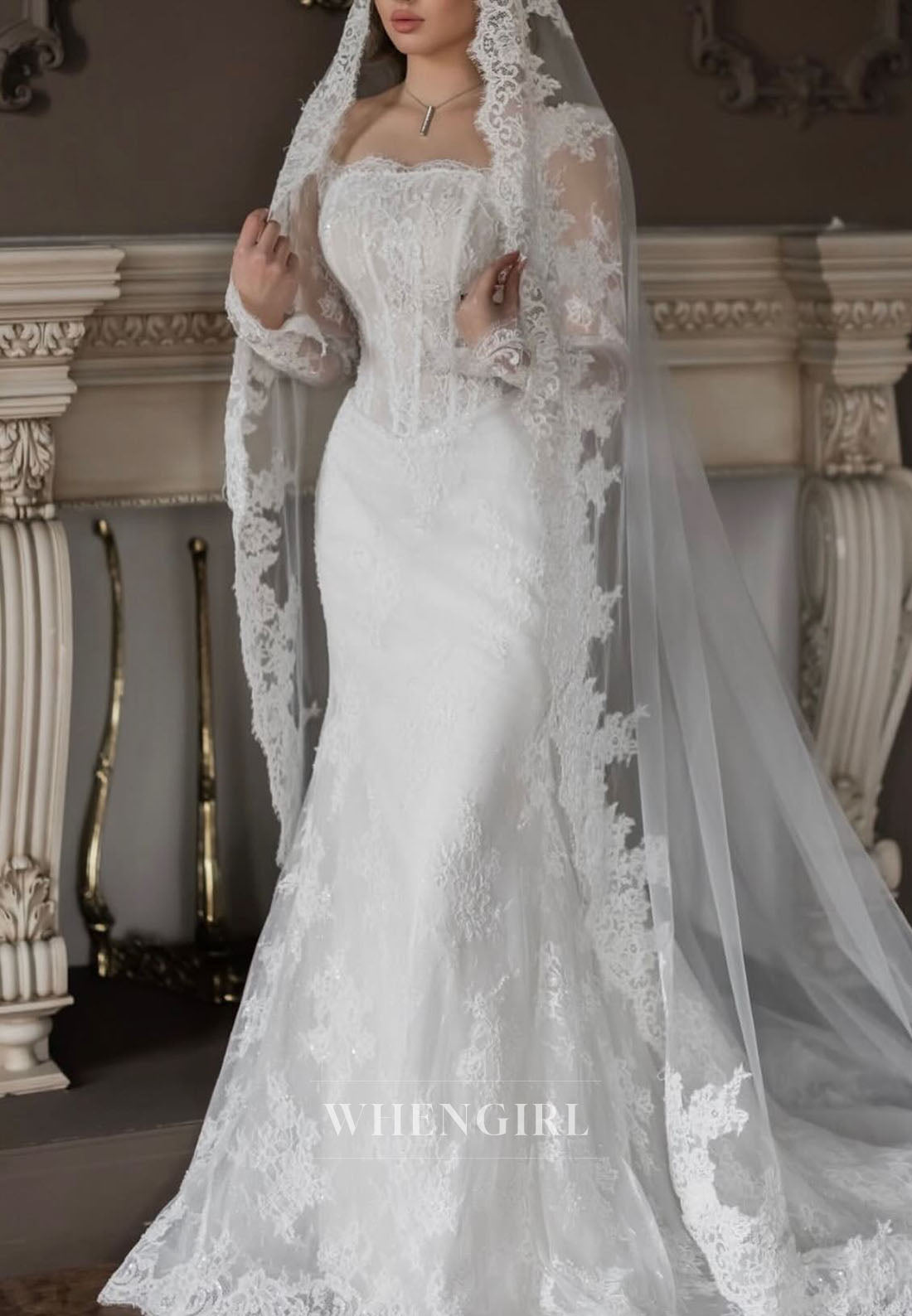Mermaid Long Sleeves Embroidery Lace Off Shoulder Wedding Dress