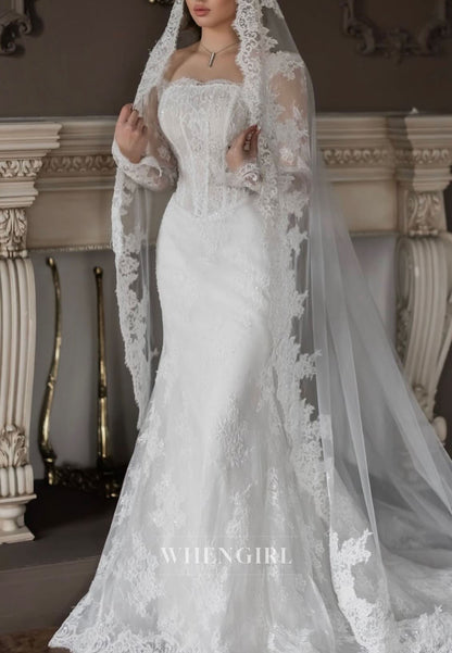Mermaid Long Sleeves Embroidery Lace Off Shoulder Wedding Dress