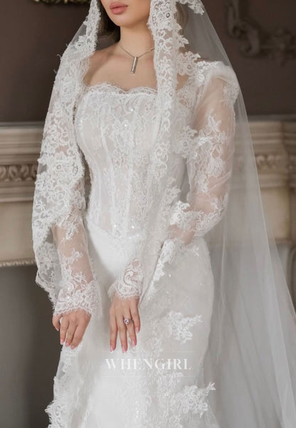 Mermaid Long Sleeves Embroidery Lace Off Shoulder Wedding Dress