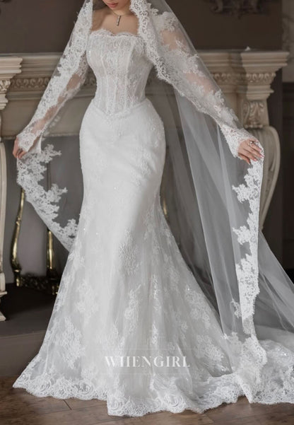 Mermaid Long Sleeves Embroidery Lace Off Shoulder Wedding Dress