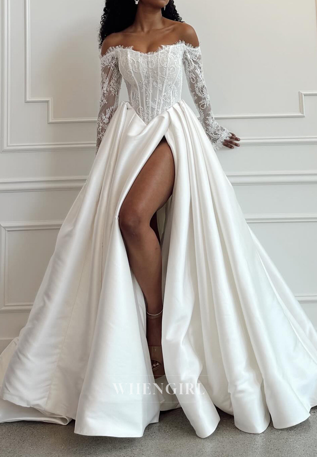 A-Line Off Shoulder Long Sleeves Lace Top High Slit Pleated Wedding Dress