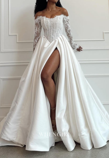 A-Line Off Shoulder Long Sleeves Lace Top High Slit Pleated Wedding Dress