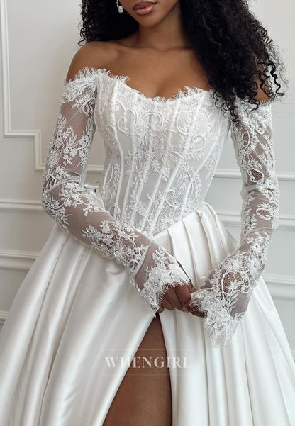 A-Line Off Shoulder Long Sleeves Lace Top High Slit Pleated Wedding Dress