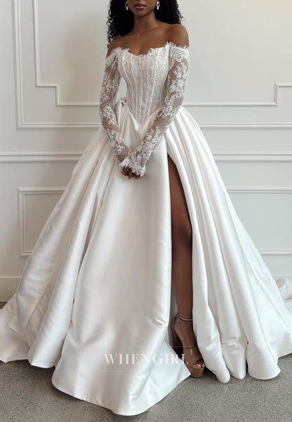 A-Line Off Shoulder Long Sleeves Lace Top High Slit Pleated Wedding Dress